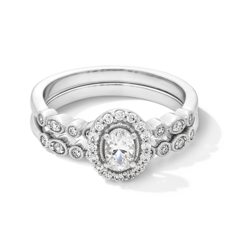 Main Image 1 of 0.50 CT. T.W. Oval Diamond Frame Art Deco Vintage-Style Bridal Set in 14K White Gold