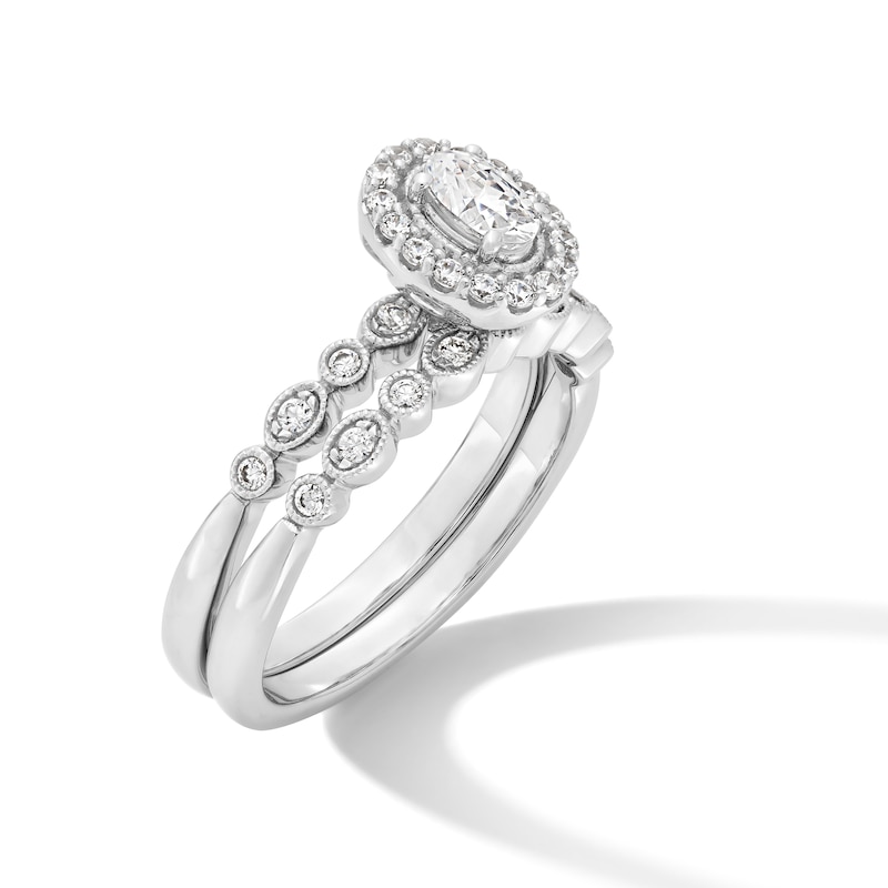 Main Image 3 of 0.50 CT. T.W. Oval Diamond Frame Art Deco Vintage-Style Bridal Set in 14K White Gold