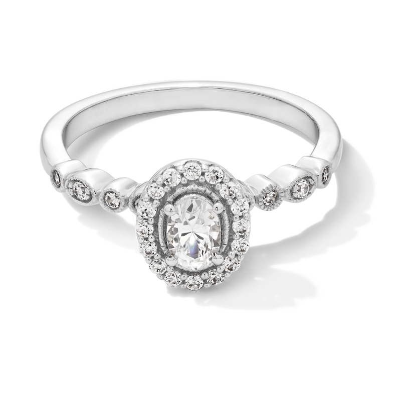 Main Image 4 of 0.50 CT. T.W. Oval Diamond Frame Art Deco Vintage-Style Bridal Set in 14K White Gold