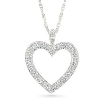 0.23 CT. T.W. Diamond Double Row Open Heart Pendant in Sterling Silver