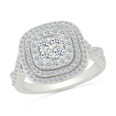 0.95 CT. T.W. Quad Diamond Triple Cushion Frame Fashion Ring in Sterling Silver