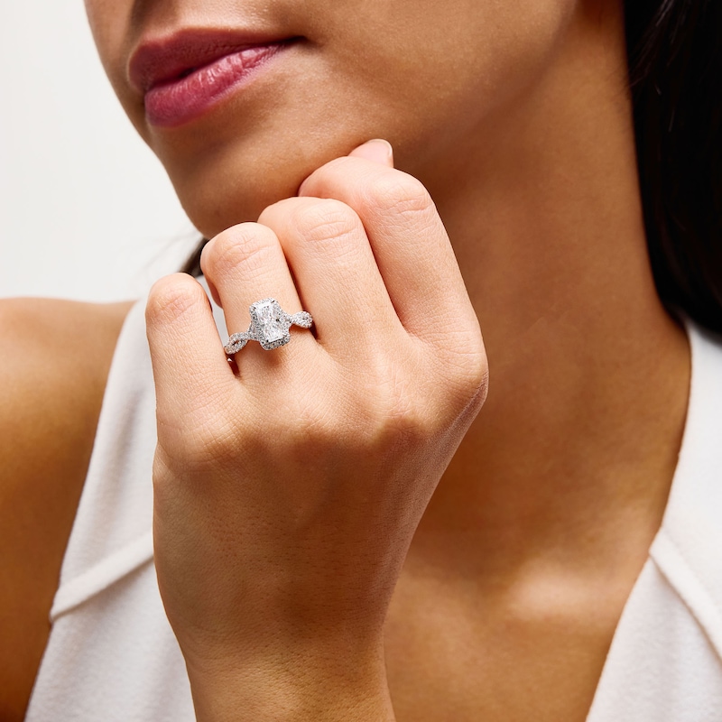 Main Image 2 of 1.37 CT. T.W. Elongated Radiant-Cut Certified Lab-Grown Diamond Frame Twist Shank Engagement Ring in 14K White Gold