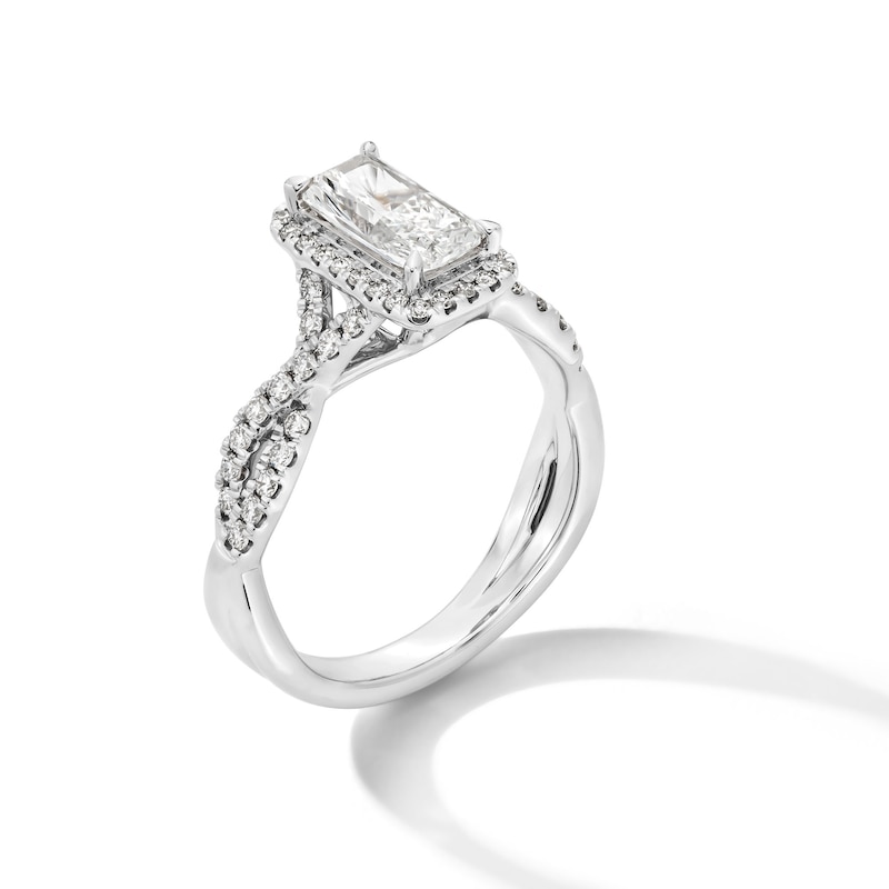 Main Image 3 of 1.37 CT. T.W. Elongated Radiant-Cut Certified Lab-Grown Diamond Frame Twist Shank Engagement Ring in 14K White Gold