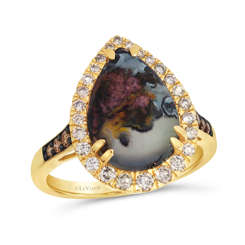 Main Image 1 of Le Vian® Pear-Shaped Green Chalcedony and 0.37 CT. T.W. Diamond Frame Ring in 14K Honey Gold™