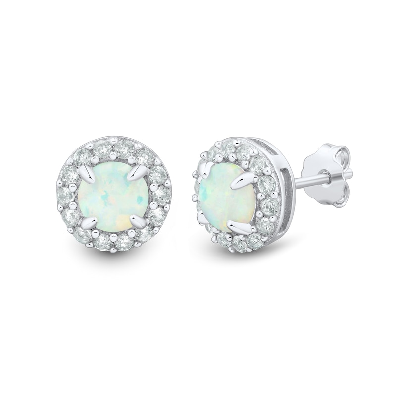Main Image 3 of Lab-Created Opal and White Lab-Created Sapphire Three Pair Stud and Drop Earrings Set in Sterling Silver