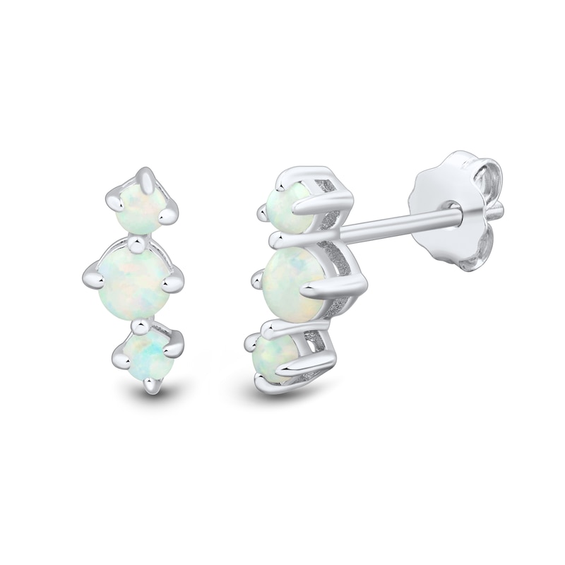 Main Image 4 of Lab-Created Opal and White Lab-Created Sapphire Three Pair Stud and Drop Earrings Set in Sterling Silver