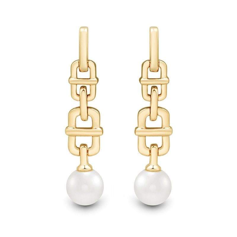 6.0-6.5mm Freshwater Cultured Pearl Mariner Chain Link Drop Earrings in 10K Gold