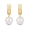 Thumbnail Image 2 of 9.0-10.0mm Freshwater Cultured Pearl Puff Grid Huggie Hoop Drop Earrings in 10K Gold