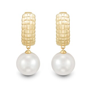 9.0-10.0mm Freshwater Cultured Pearl Puff Grid Huggie Hoop Drop Earrings in 10K Gold