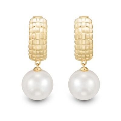 9.0-10.0mm Freshwater Cultured Pearl Puff Grid Huggie Hoop Drop Earrings in 10K Gold