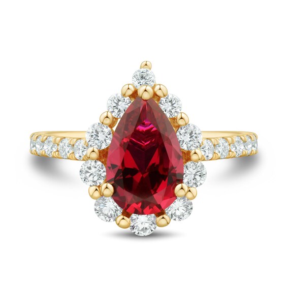 Pear-Shaped Lab-Created Ruby and 0.95 CT. T.W. Certified Lab-Created Diamond Frame Ring in 10K Gold (F/VS2)