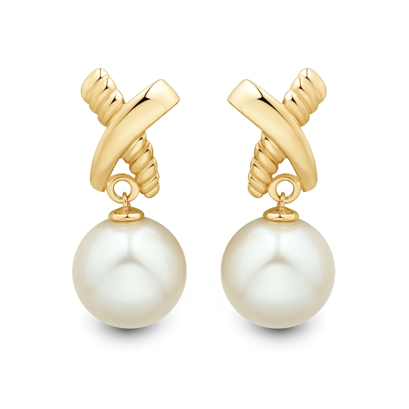 Main Image 2 of 11.0-12.0mm Freshwater Cultured Pearl "X" Drop Earrings in 10K Gold