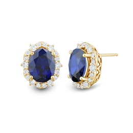 Oval Blue Lab-Created Sapphire and 0.45 CT. T.W. Certified Lab-Grown Diamond Scallop Frame Stud Earrings in 10K Gold