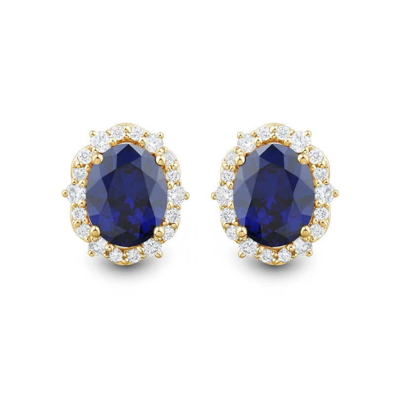 Main Image 2 of Oval Blue Lab-Created Sapphire and 0.45 CT. T.W. Certified Lab-Grown Diamond Scallop Frame Stud Earrings in 10K Gold