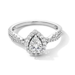 1.00 CT. T.W. Pear-Shaped Certified Lab-Grown Diamond Frame Crossover Shank Engagement Ring in 14K White Gold (F/VS2)