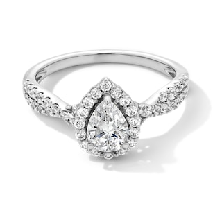 1.00 CT. T.W. Pear-Shaped Certified Lab-Created Diamond Frame Crossover Shank Engagement Ring in 14K Gold (F/VS2