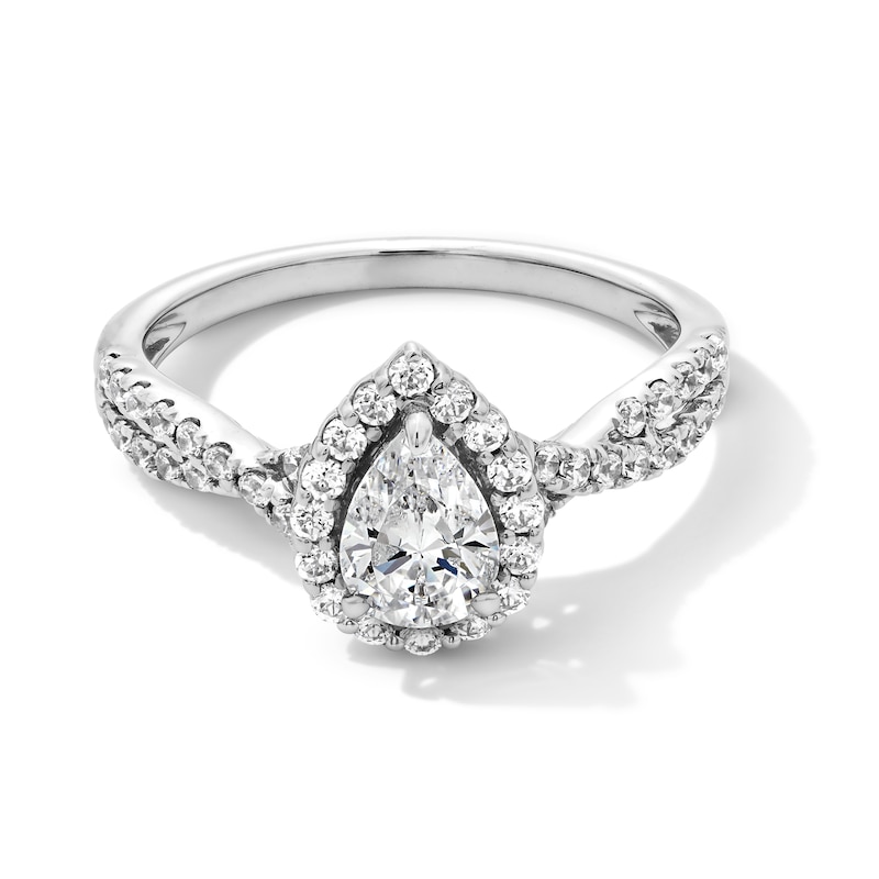 Main Image 1 of 1.00 CT. T.W. Pear-Shaped Certified Lab-Grown Diamond Frame Crossover Shank Engagement Ring in 14K White Gold (F/VS2)