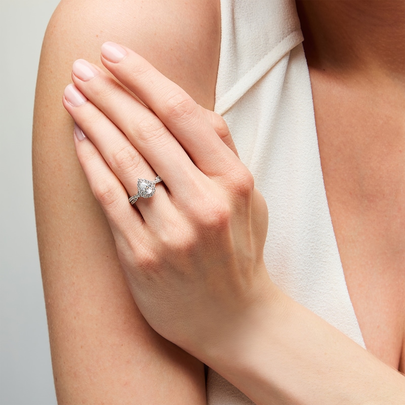 Main Image 2 of 1.00 CT. T.W. Pear-Shaped Certified Lab-Grown Diamond Frame Crossover Shank Engagement Ring in 14K White Gold (F/VS2)