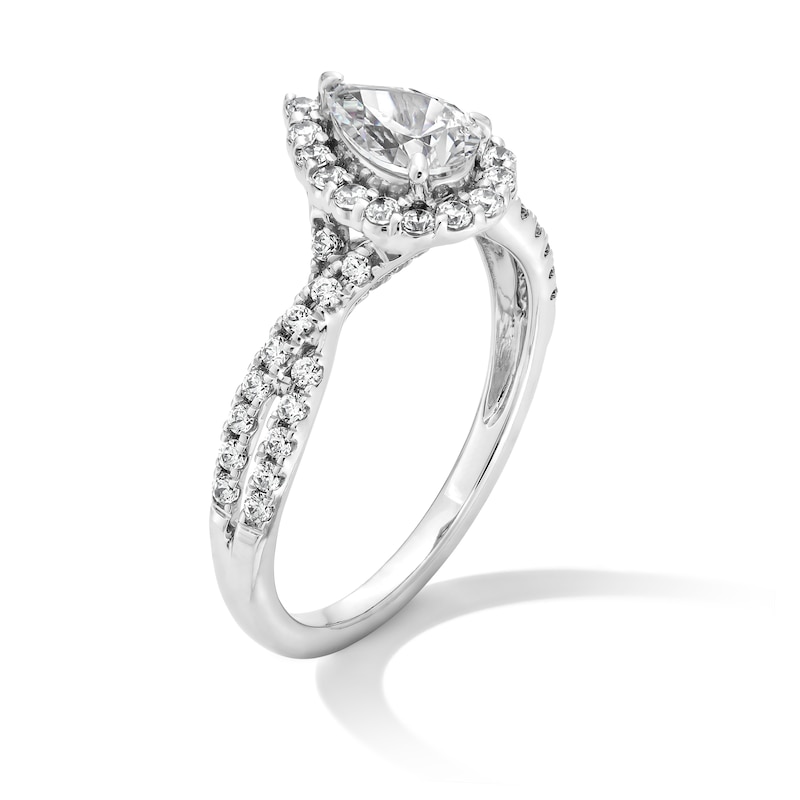Main Image 3 of 1.00 CT. T.W. Pear-Shaped Certified Lab-Grown Diamond Frame Crossover Shank Engagement Ring in 14K White Gold (F/VS2)