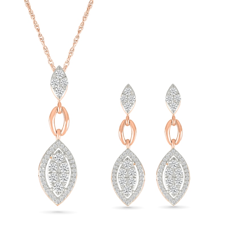 Main Image 1 of 0.58 CT. T.W. Multi-Diamond Marquise Frame Drop Earrings and Pendant Set in 10K Rose Gold