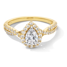 1.00 CT. T.W. Pear-Shaped Certified Lab-Grown Diamond Frame Crossover Shank Engagement Ring in 14K Gold (F/VS2)
