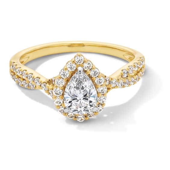 1.00 CT. T.W. Pear-Shaped Certified Lab-Created Diamond Frame Crossover Shank Engagement Ring in 14K Gold (F/VS2)