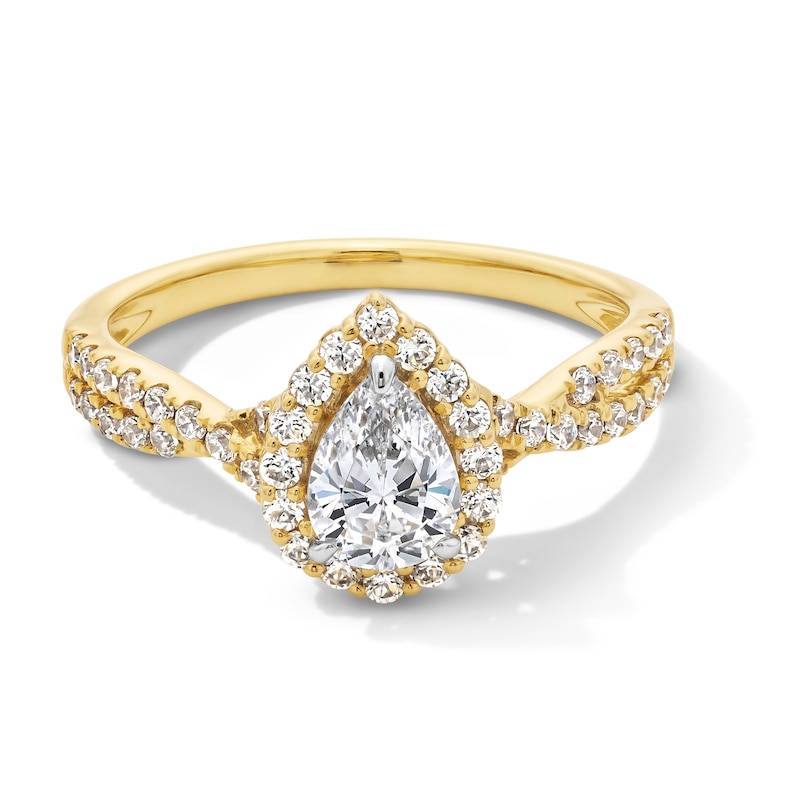 Main Image 1 of 1.00 CT. T.W. Pear-Shaped Certified Lab-Grown Diamond Frame Crossover Shank Engagement Ring in 14K Gold (F/VS2)
