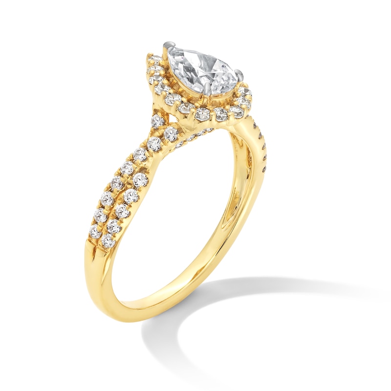 Main Image 3 of 1.00 CT. T.W. Pear-Shaped Certified Lab-Grown Diamond Frame Crossover Shank Engagement Ring in 14K Gold (F/VS2)