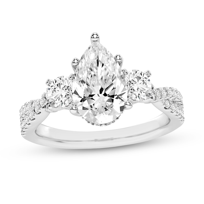 Main Image 1 of 2.75 CT. T.W. Pear-Shaped and Round Certified Lab-Grown Diamond Three Stone Engagement Ring in 14K White Gold (F/VS2)