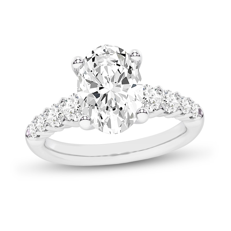 Main Image 1 of 3.75 CT. T.W. Oval Certified Lab-Grown Diamond Graduated Shank Engagement Ring in 14K White Gold (F/VS2)