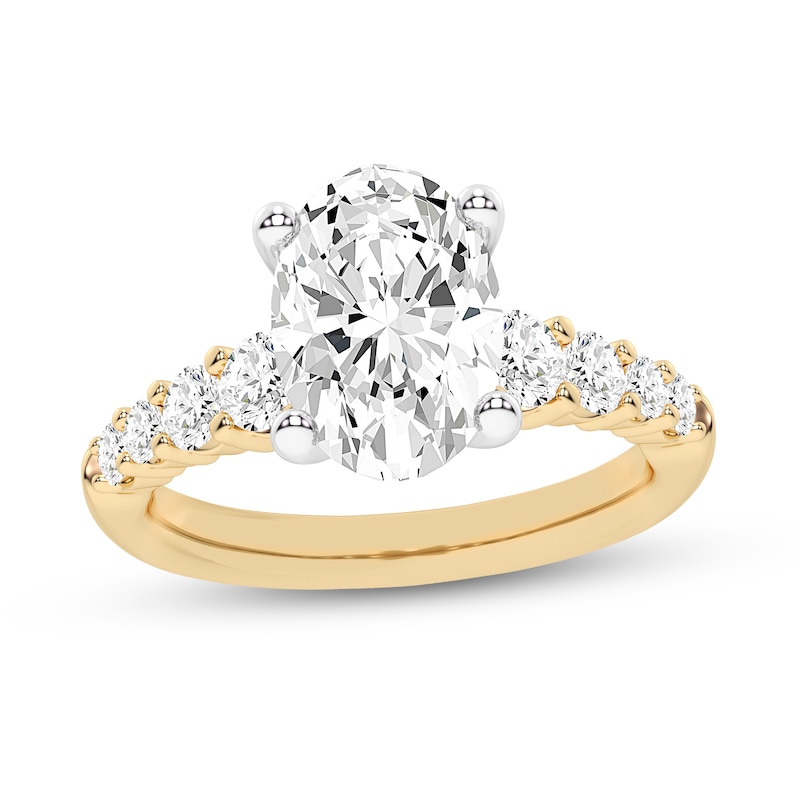 Main Image 1 of 3.75 CT. T.W. Oval Certified Lab-Grown Diamond Graduated Shank Engagement Ring in 14K Gold (F/VS2)