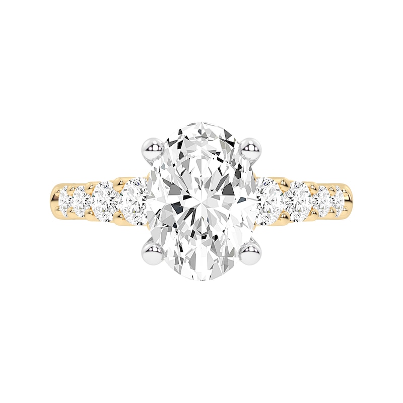 Main Image 3 of 3.75 CT. T.W. Oval Certified Lab-Grown Diamond Graduated Shank Engagement Ring in 14K Gold (F/VS2)