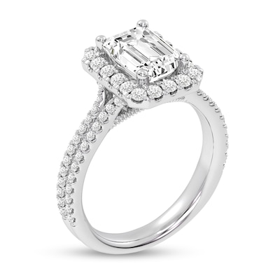 2.60 CT. T.W. Emerald-Cut Certified Lab-Created Diamond Frame Double Row Shank Engagement Ring in 14K White Gold
