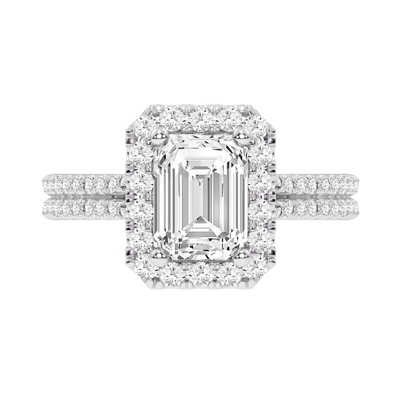 2.60 CT. T.W. Emerald-Cut Certified Lab-Created Diamond Frame Double Row Shank Engagement Ring in 14K White Gold