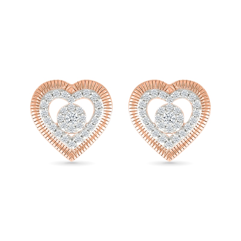 Main Image 3 of 0.23 CT. T.W. Multi-Diamond Double Frame Heart Stud Earrings in 10K Rose Gold