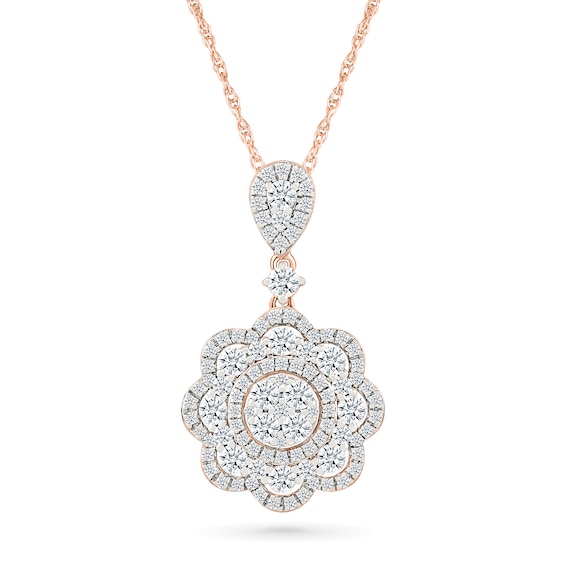 0.95 CT. T.W. Multi-Diamond Double Flower Frame Drop Pendant in 10K Rose Gold