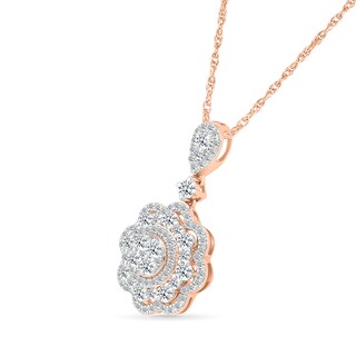 0.95 CT. T.W. Multi-Diamond Double Flower Frame Drop Pendant in 10K Rose Gold