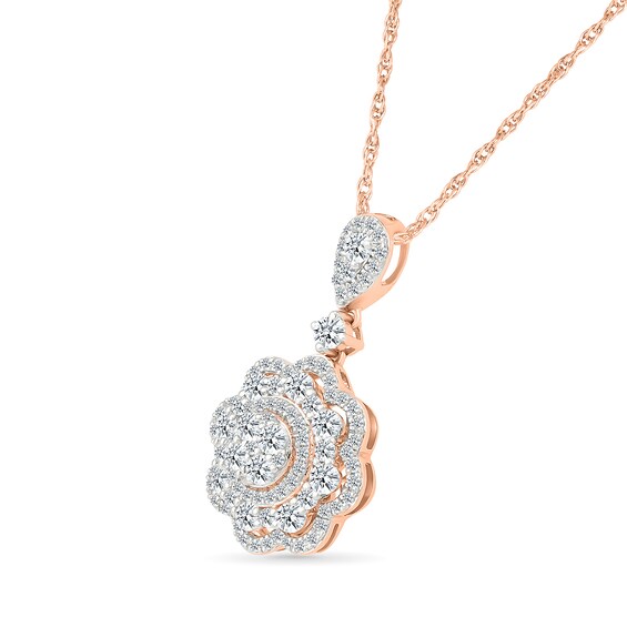 0.95 CT. T.W. Multi-Diamond Double Flower Frame Drop Pendant in 10K Rose Gold