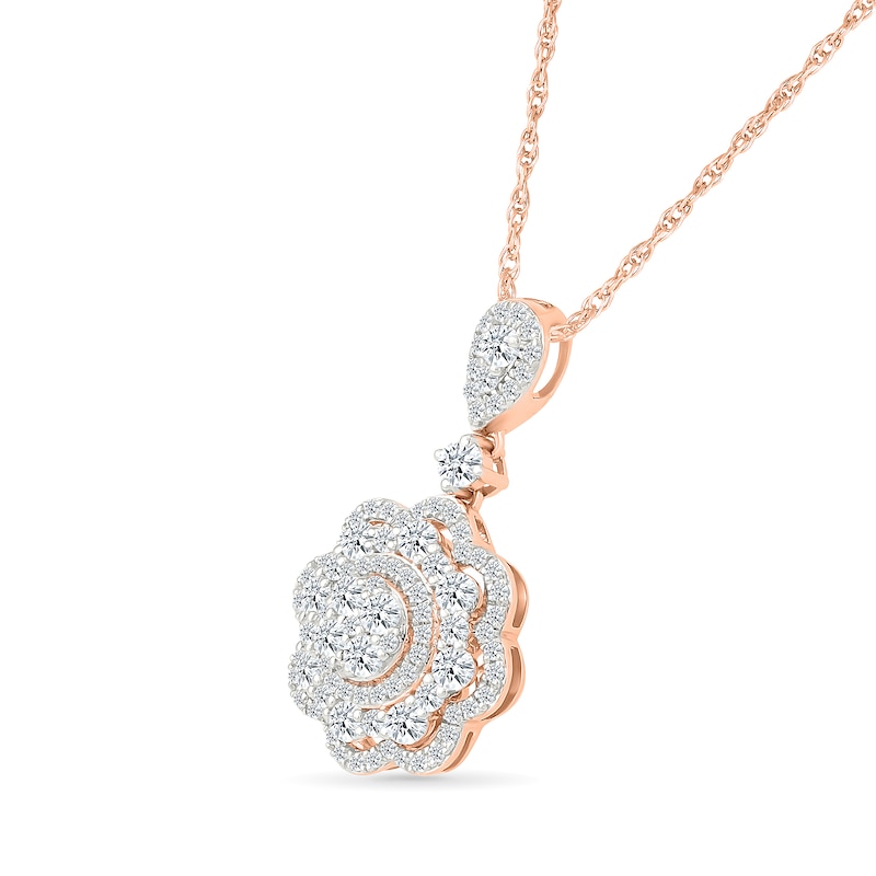 Main Image 2 of 0.95 CT. T.W. Multi-Diamond Double Flower Frame Drop Pendant in 10K Rose Gold