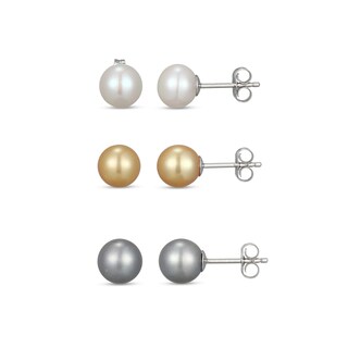 8.0-8.5mm Multi-Colour Freshwater Cultured Pearl Three Pair Stud Earrings Set in Sterling Silver