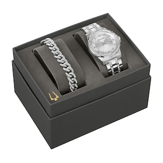 Men’s Bulova Crystal Collection Watch and Cuban Curb Chain Bracelet Box Set (Model: 96K114)