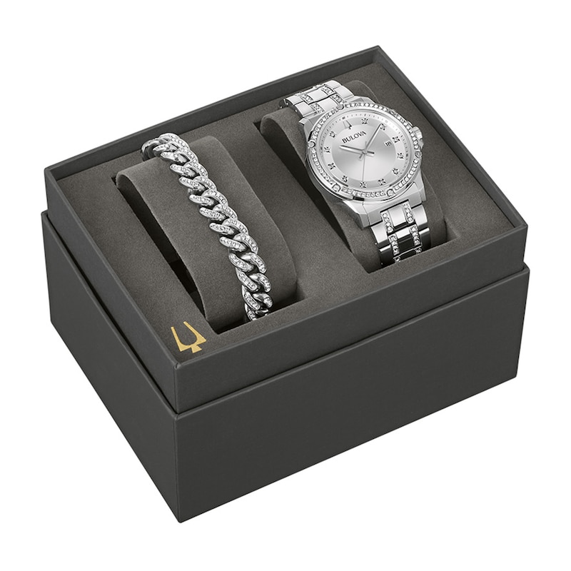 Main Image 1 of Men’s Bulova Crystal Collection Watch and Cuban Curb Chain Bracelet Box Set (Model: 96K114)