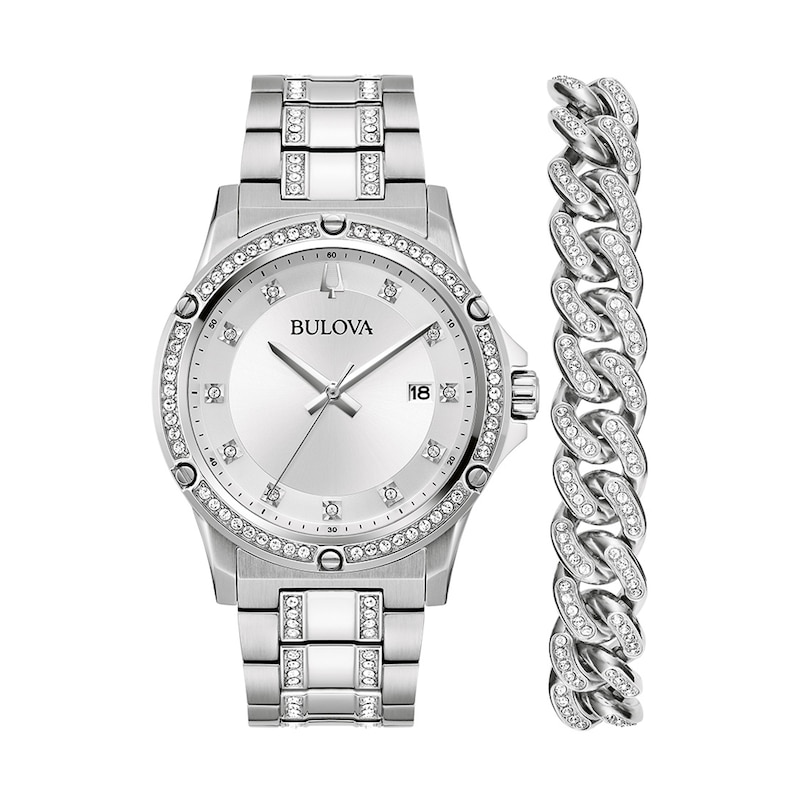 Main Image 2 of Men’s Bulova Crystal Collection Watch and Cuban Curb Chain Bracelet Box Set (Model: 96K114)