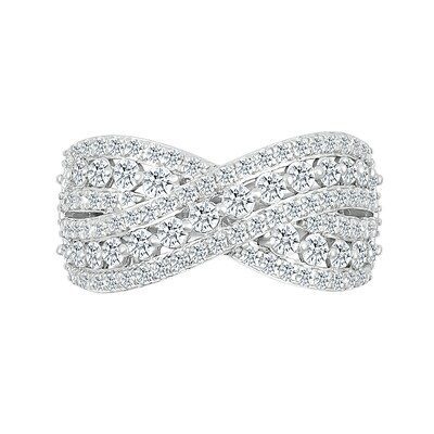 0.95 CT. T.W. Certified Lab-Created Diamond Triple Row Crossover Ring in 10K White Gold (H/I1)