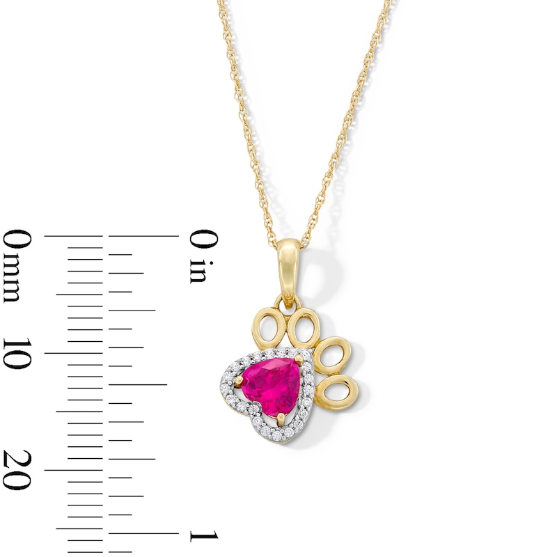 Main Image 3 of 5.0mm Heart-Shaped Lab-Created Ruby and 0.05 CT. T.W. Diamond Frame Paw Print Pendant in 10K Gold