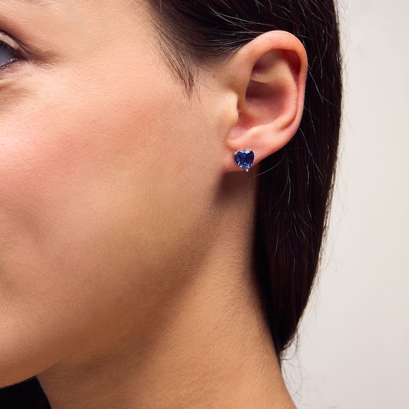 Main Image 3 of Blue and White Lab-Created Sapphire Heart Stud and Hoop Three Pair Earrings Set in Sterling Silver