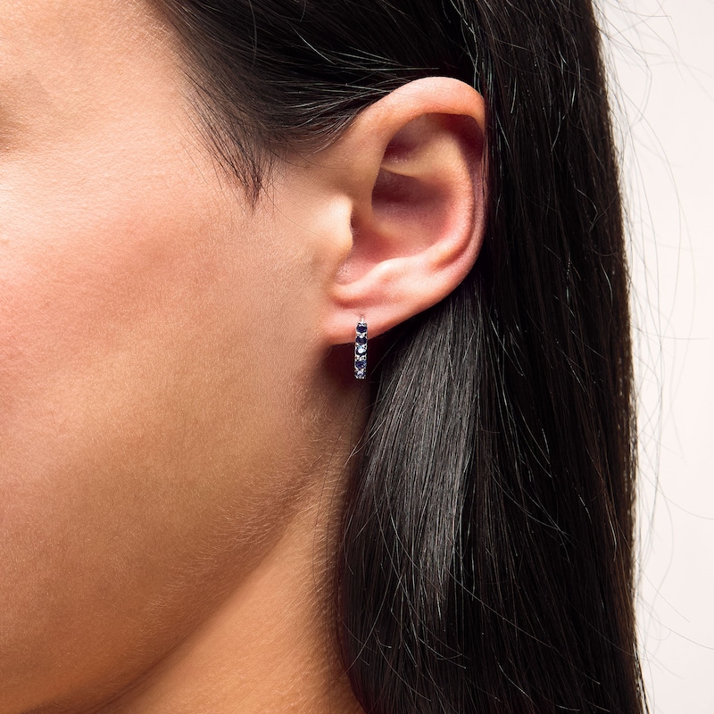 Main Image 4 of Blue and White Lab-Created Sapphire Heart Stud and Hoop Three Pair Earrings Set in Sterling Silver