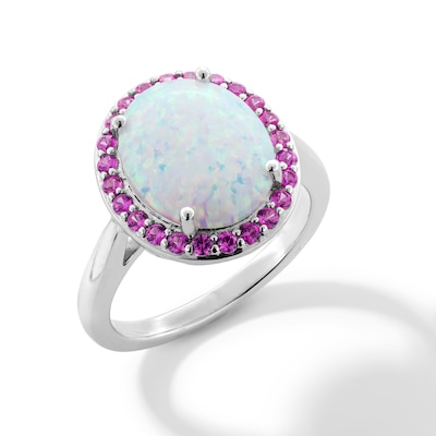 Oval Lab-Created Opal and Pink Lab-Created Sapphire Frame Ring in Sterling Silver