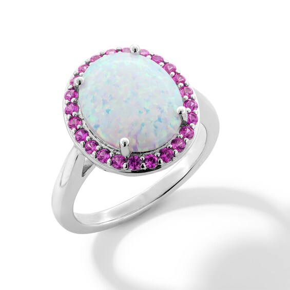 Oval Lab-Created Opal and Pink Lab-Created Sapphire Frame Ring in Sterling Silver