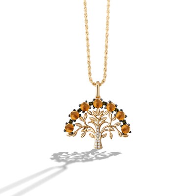 Citrine and Green Tourmaline with Diamond Accent Tree Pendant in Sterling Silver with 24K Gold Plate - 26"